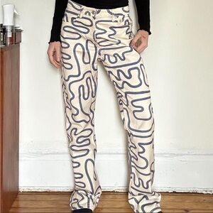Zara Cream and Blue Abstract Straight Leg Jeans